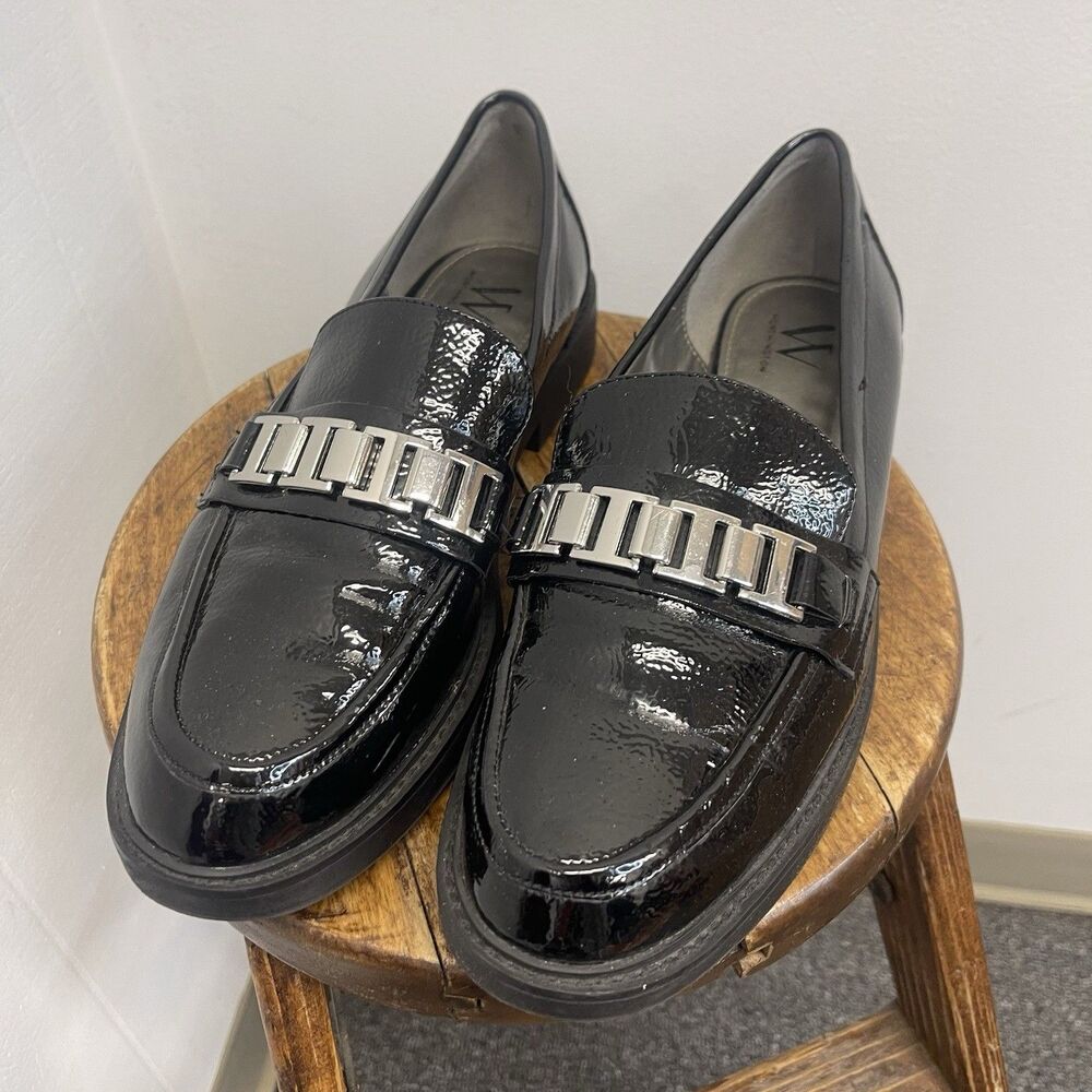Worthington Women’s Firefly Black Patent Leather Loafers Silver Accent Size 11